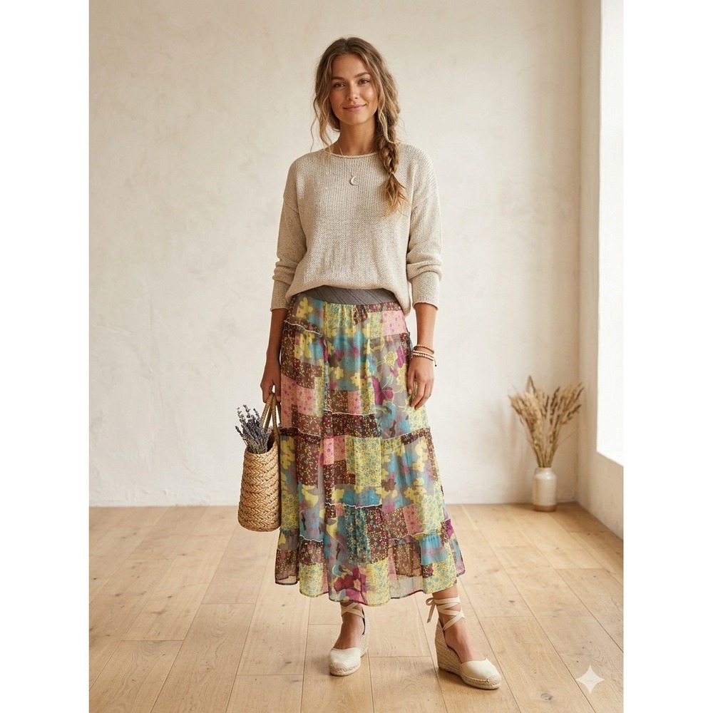 Vintage Saint Nouvara Floral Patchwork Tiered Maxi Skirt S Boho Cottagecore